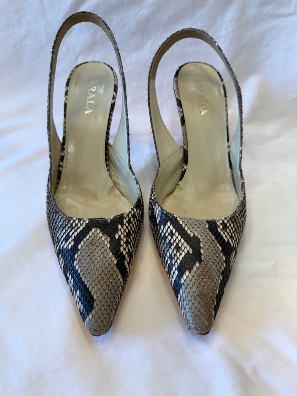 Prada Beige and Brown Snakeskin Slingback Pointed Pumps - Picture 2 of 6